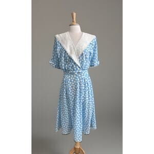 Vintage SUNSHINE STARSHINE 80's Retro White & Blue Dot Fit Flare Midi Dress L